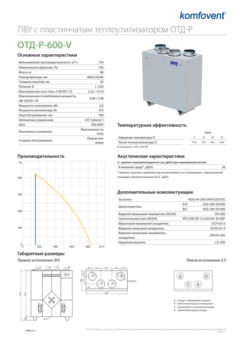 Приточно-вытяжная установка Komfovent ОТД-P-600-V-E (фильтры F7/M5)