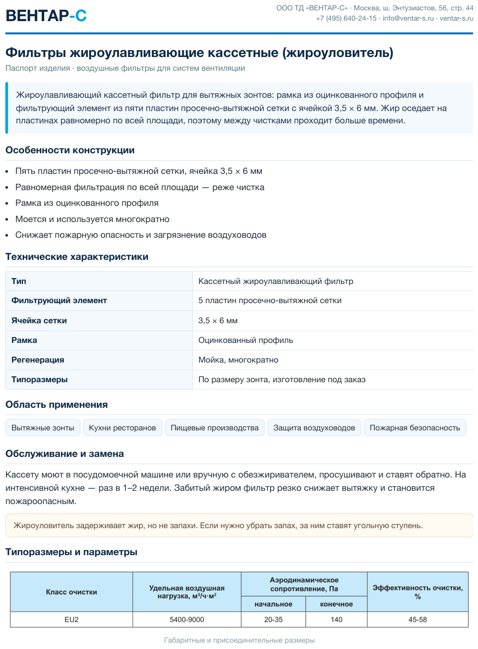 Фильтры жироулавливающие кассетные (жироуловитель)