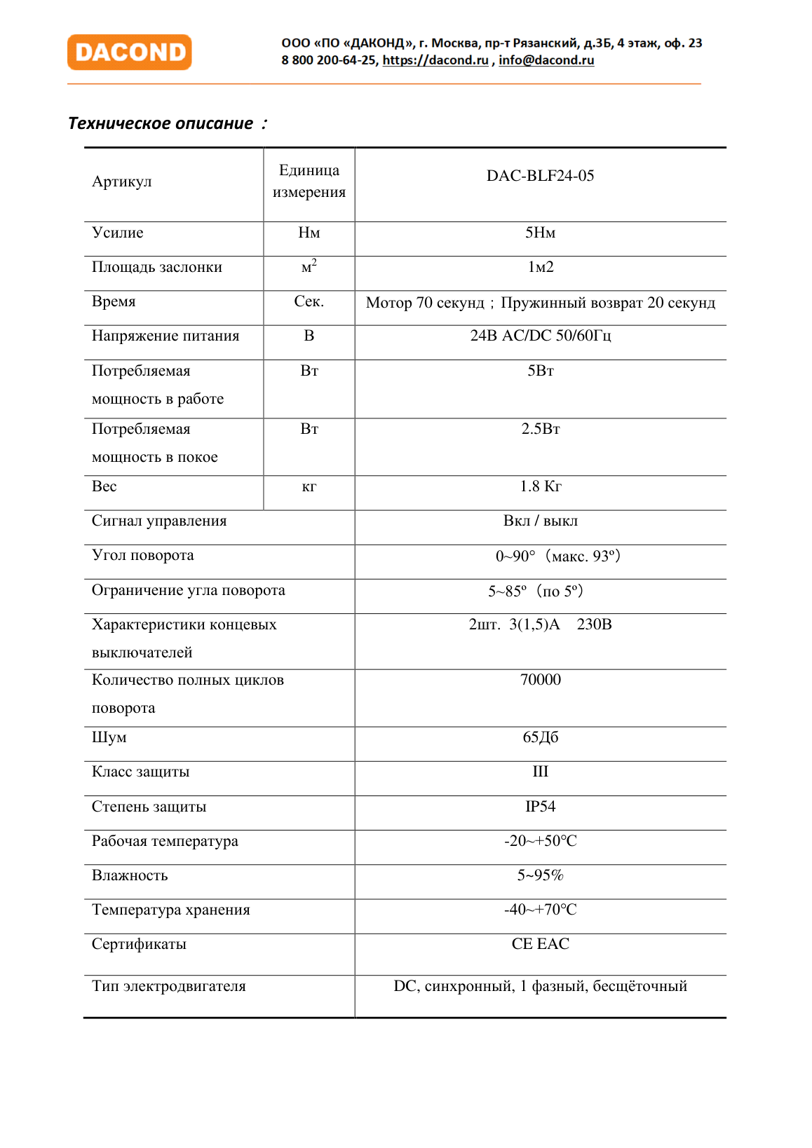 Противопожарный привод воздушной заслонки DAC-BLF24-05