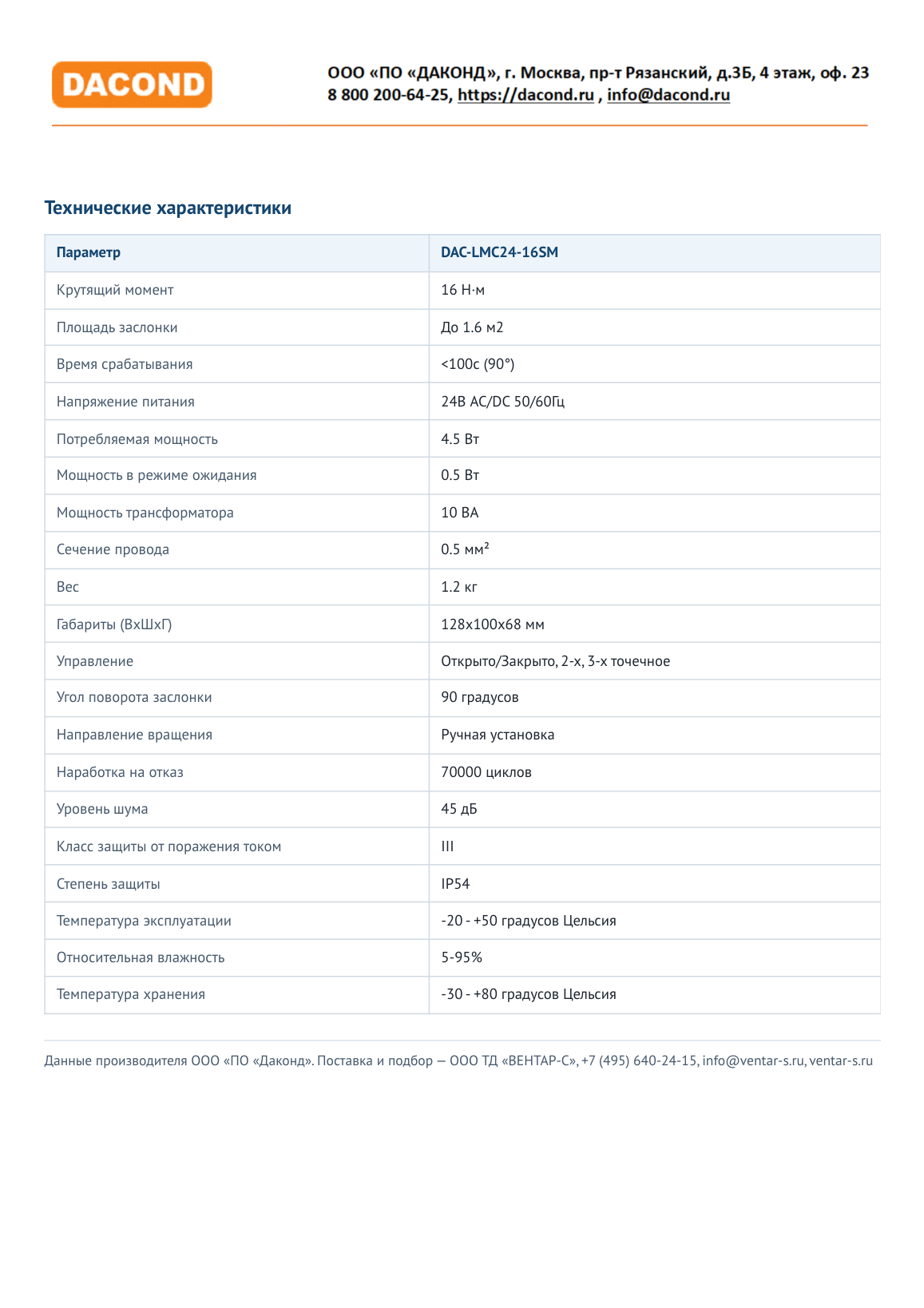 Привод воздушной заслонки DAC-LMC24-16SM