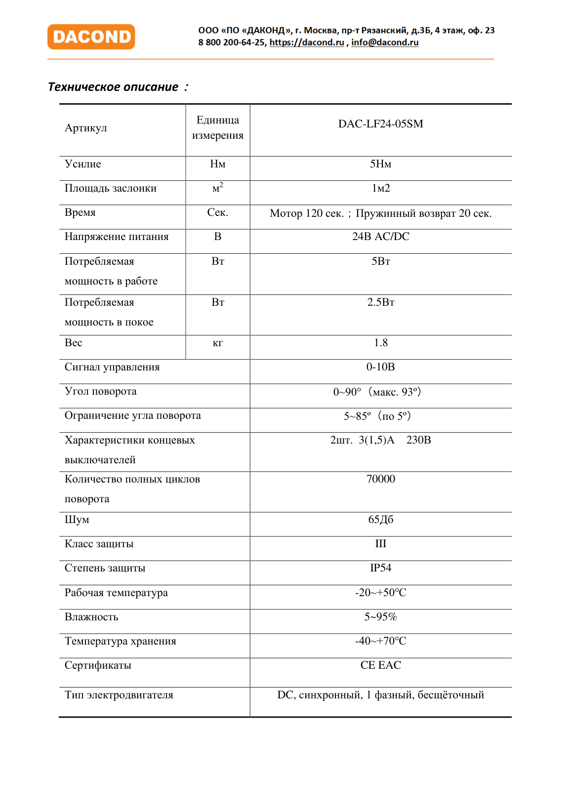 Привод воздушной заслонки DAC-LF24-05SM