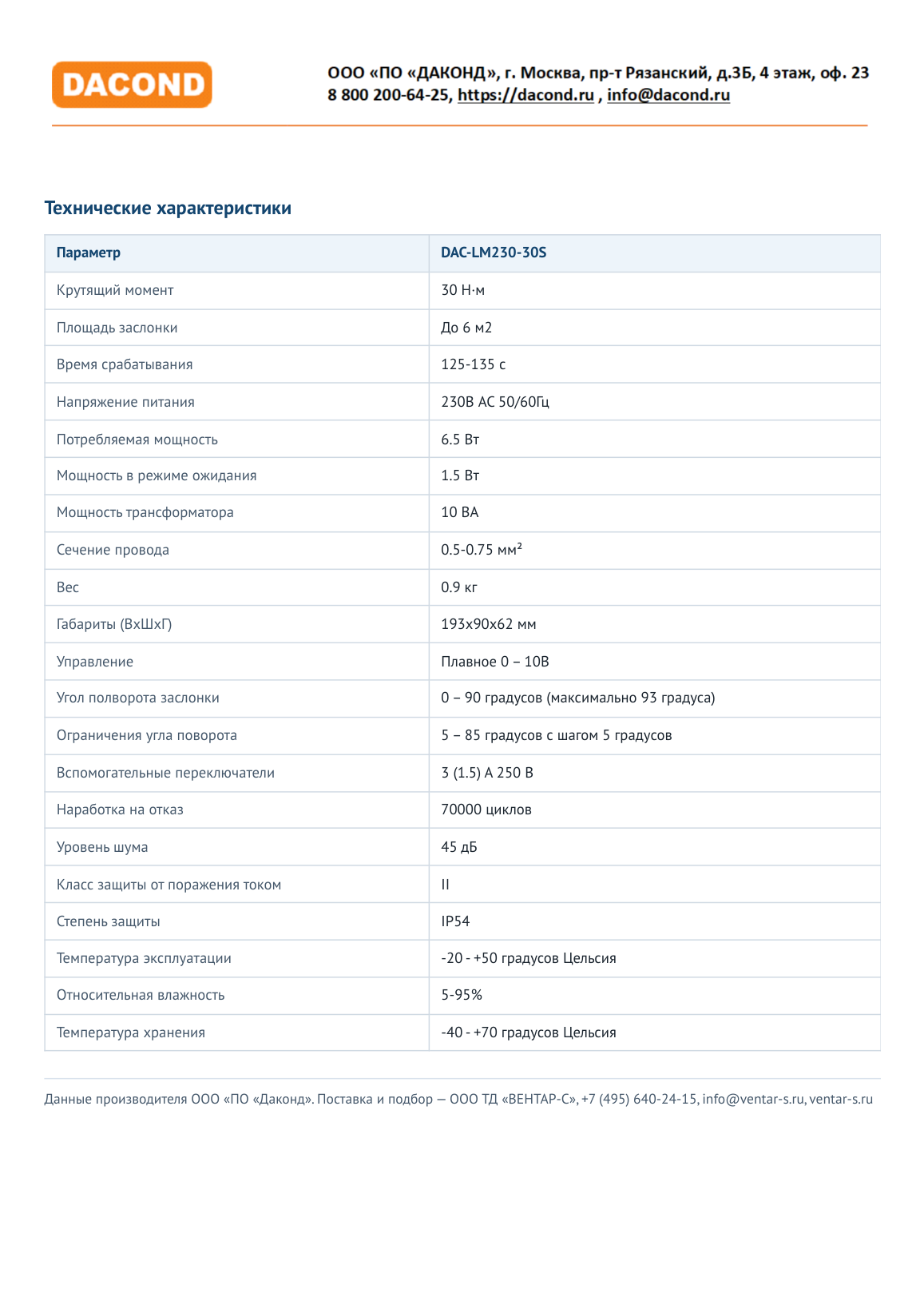 Привод воздушной заслонки DAC-LM230-30S